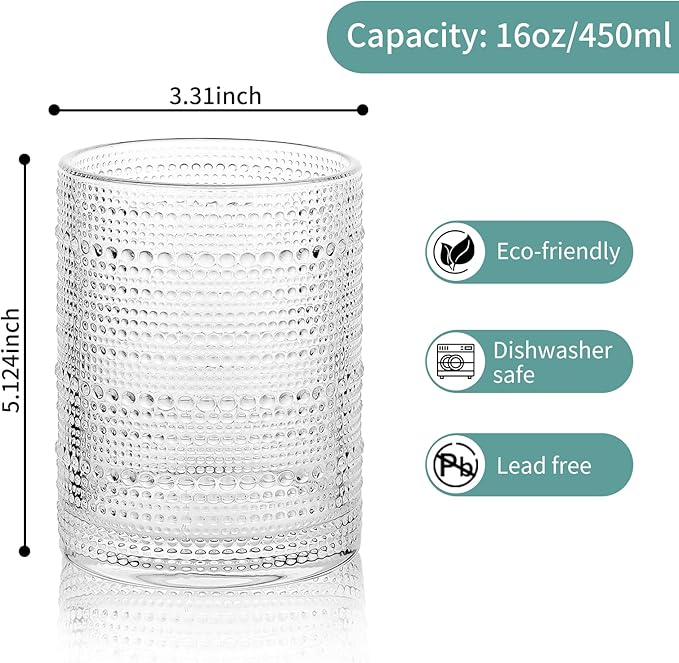Hobnail Drinking Glasses Set,16 Oz Vintage Embossed Glass Tumbler for Cocktail, Beer, Juice, Water, Whiskey and Kitchen Glassware, 4 Pack