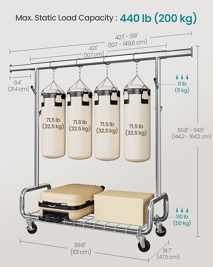 SONGMICS Clothes Rack, Heavy-Duty Rolling Clothing Garment Rack with Wheels, Extendable Hanging Rod and Adjustable Height, Portable, with Shelf and Hooks, Silver UHSR014E01