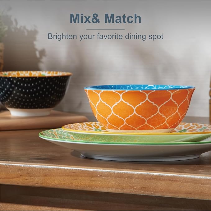 ONEMORE Ceramic Dinnerware Set, 12 Pieces Dish Sets for 4, Porcelain Plates and Bowls Sets, Microwave and Dishwasher Safe, Colorful