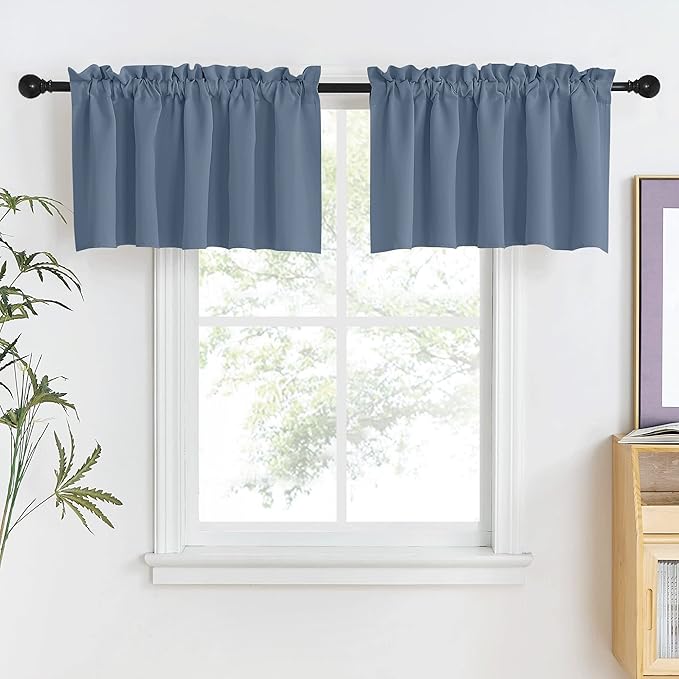 NICETOWN Curtain Valances for Kitchen Cabinet Cupboards, Farmhouse Adjustable Rod Pocket 18 inches Long +1.6 inches Header Window Valances for Office/Cafe/RV Camper, 2 Panels, 52" Wide, Stone Blue