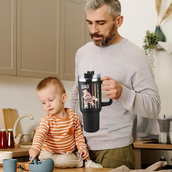 Custom Dad Tumbler with Kids Names, Personalized 40 Oz Tumbler with Handle and Straw, Personalized Birthday Gifts for Dad Husband
