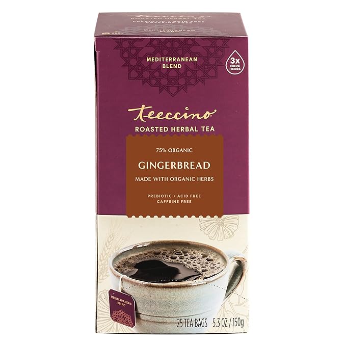 Teeccino Gingerbread Chicory Coffee Alternative - Holiday Dessert Beverage That’s Prebiotic, Caffeine-Free & Acid Free, Medium Roast, 25 Tea Bags