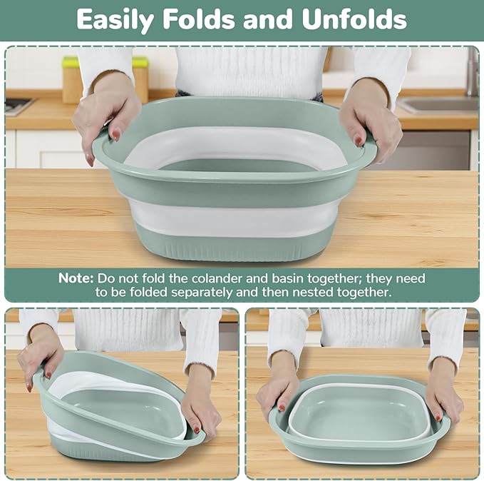 Collapsible Colander and Sink Basin Set 8 QT - 2 Pack Set Collapsible Strainer with Collapsible Wash Basin for Kitchen, RV Camping, Foldable Fruit Vegetable Washing Basket, 8 QT, Blue