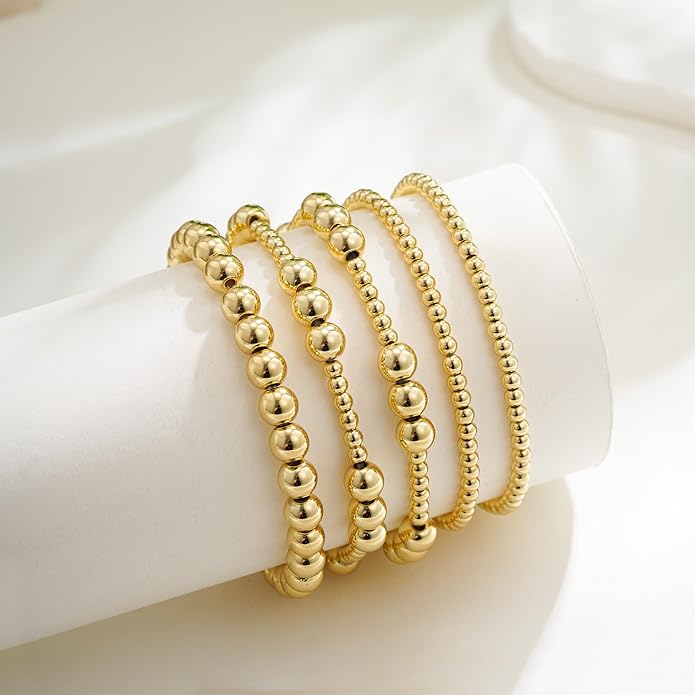 Gold Bracelets for Women, 14K Gold Plated Beaded Bracelets Gold Strand Bead Ball Bracelet Stack Set Adjustable Bracelet Set Waterproof Jewelry for Women Gifts Non Tarnish