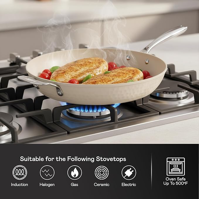 GOTHAM STEEL HAMMERED 14 Inch Non Stick Frying Pans with Lid, Extra Large Frying Pans Nonstick Cooks Family Sized Meals, Non Toxic PFOA Free, Induction Ready, Oven and Dishwasher Safe