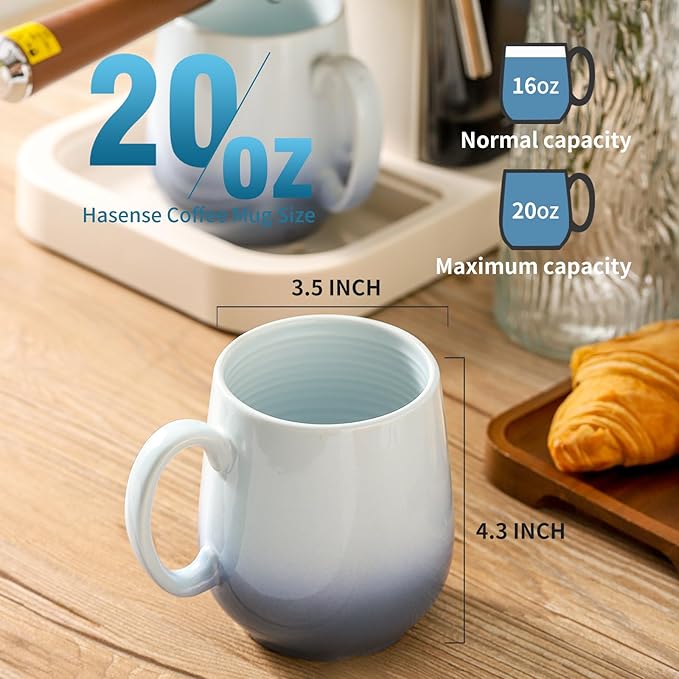 Hasense Coffee Mugs, 20oz Ceramic Coffee Cups for Tea Coffee Hot Cocoa Latte, Soup Mug with Handle for Dad and Mom as a Gifts, Dishwasher and Microwave Safe, 2PCS(Gradient Light Blue)