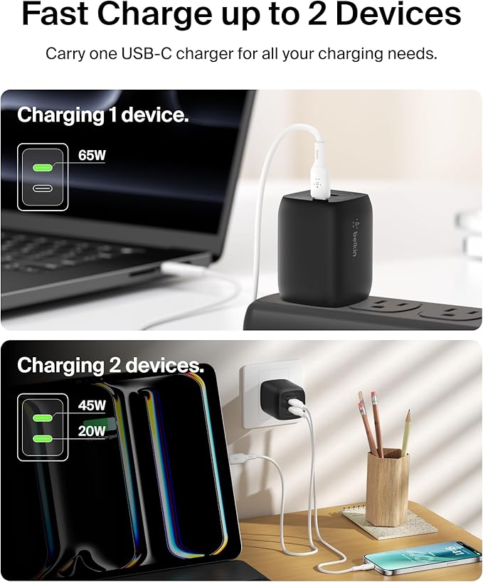 Belkin Dual USB C Charger Block 65W, Super Fast Charging PD 3.0 w/GaN - Samsung Galaxy S25, Apple iPhone 17, Air, Pro, Pro Max, iPad, MacBook, AirPods, Apple Watch, & More - Black