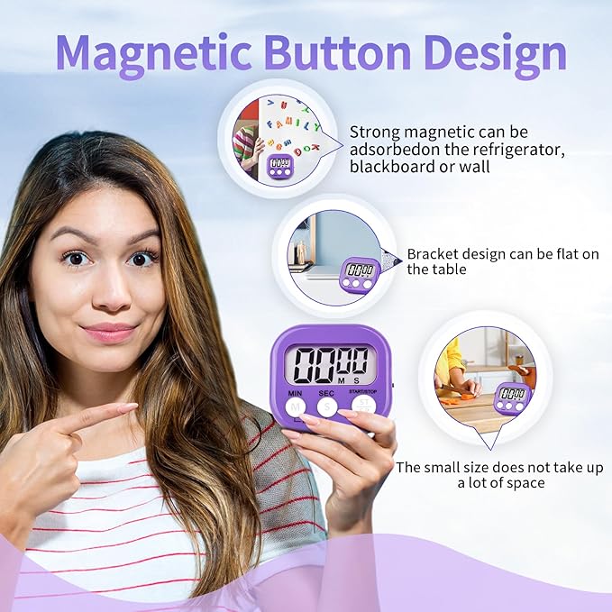 24 Pack Timers Magnetic Kitchen Timer Cooking Timers for Kitchen Digital Timer with Big Display Loud Ring Electronic Timer for Cooking, Classroom, Break Time(24, White,Green,Blue,Purple)