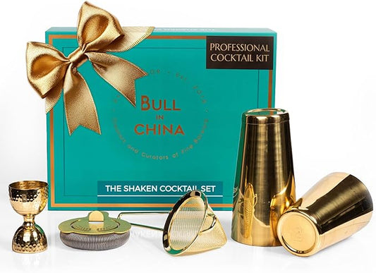5 Piece Cocktail Kit by Bull In China - Premium Bartender Gift Set Includes Weighted 2 Piece Boston Shaker, Hammered Bell Jigger, Hawthorne Strainer & Fine Mesh Strainer (Gold)