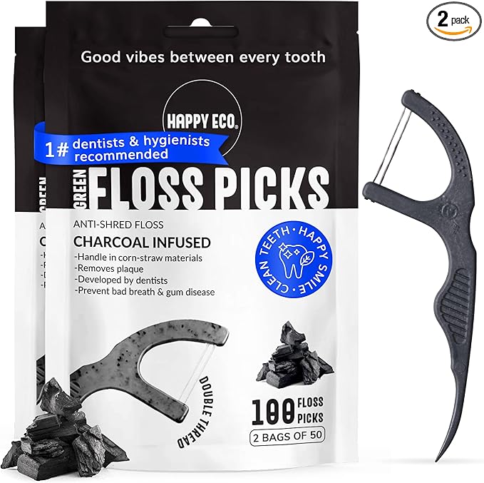 Dental Floss Picks (100pcs) - Flossers for Adults, Vegan Corn-Straw Handle, Superior Oral Care & Anti-Shred Thread, Dental Hygiene, Tooth Pick Sticks, Teeth & Gum Health (Charcoal, Double Thread)