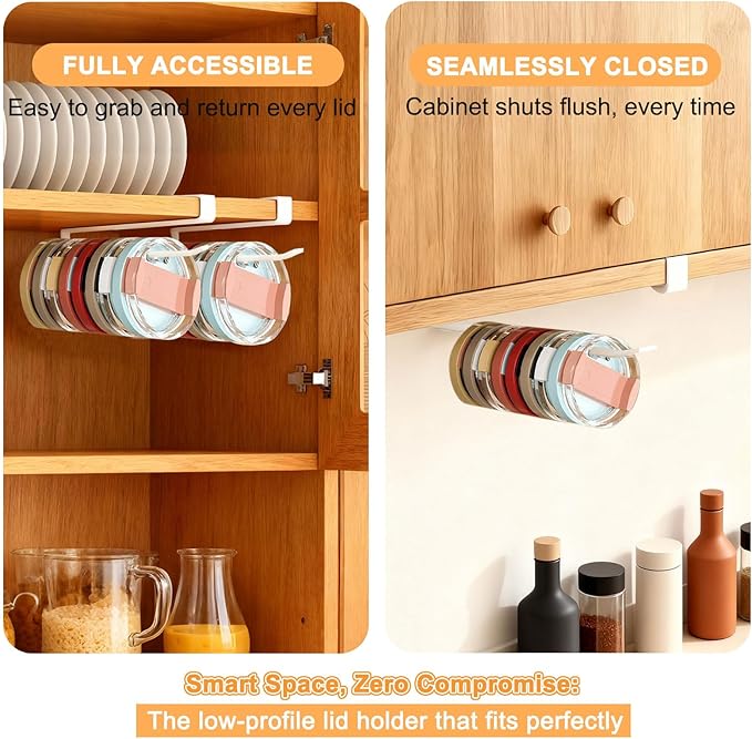 Tumbler Lid Organizer Rack for Cabinet, No-Drill Holder Holds 10 Lids for Stanley Yeti Ozark Trail - Space Saving & Anti-Drop Under Cabinet Storage, Adjustable Rustproof Metal Organizer