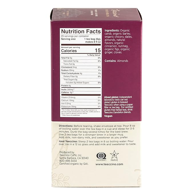 Teeccino Pumpkin Spice Herbal Tea - Rich & Roasted Autumn Harvest Tea That’s Caffeine Free & Prebiotic for Delicious Comfort, 25 Tea Bags