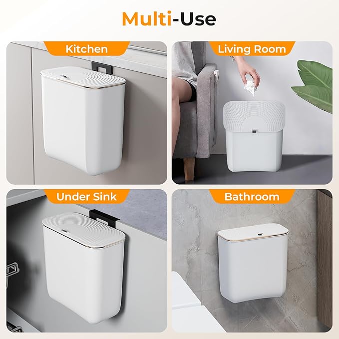 2.4 Gallon Hanging Trash Can - Small Under Sink Trash Can with Lid, Wall Mounted Compost Bin for Kitchen Cupboard Countertop, Odor-Control, Extended Clamping Ring, PET Material, White