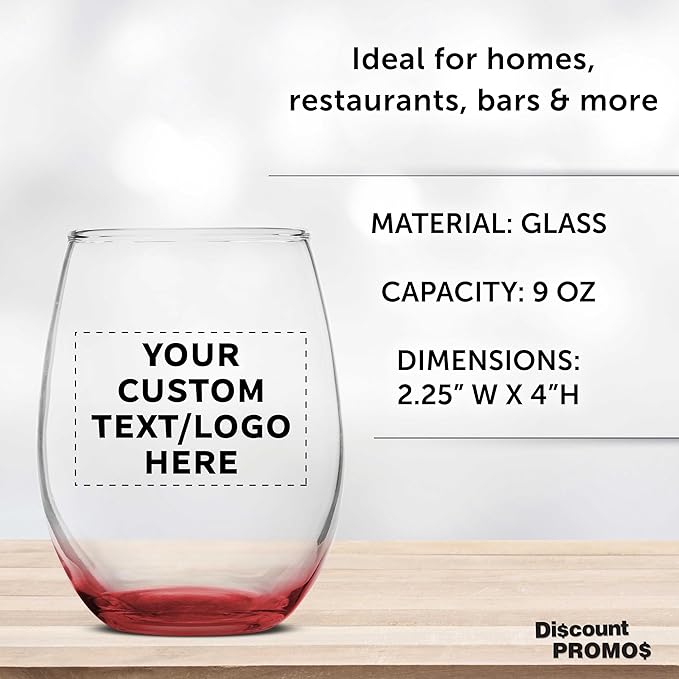 DISCOUNT PROMOS Custom Stemless Wine Glass 9 oz. Set of 10/50/100, Personalized Bulk Pack - Great for Wedding Favors, Bachelorette Party Decorations, Party Favors - Red