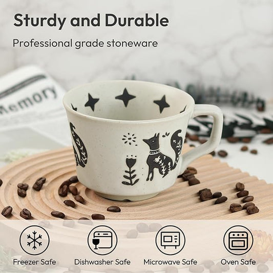 Ceramic Coffee Mug, 12 oz Novelty Unique Teacup with Handle, Stoneware Cup for Tea Mocha Latte Cappuccino Espresso (Set of 4, Fox and Bear)
