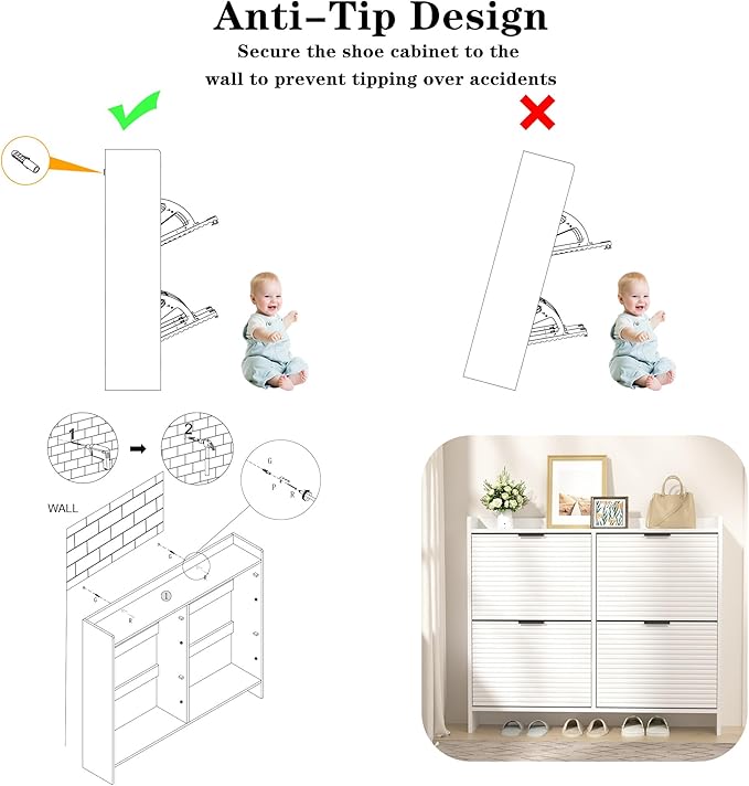 White Shoe Storage Cabinet for Entryway with 4 Flip Drawers, Narrow Wood Shoe Rack Cabinet,Hidden Slim Shoe Storage Freestanding Shoe Organizer Cabinet for Hallway