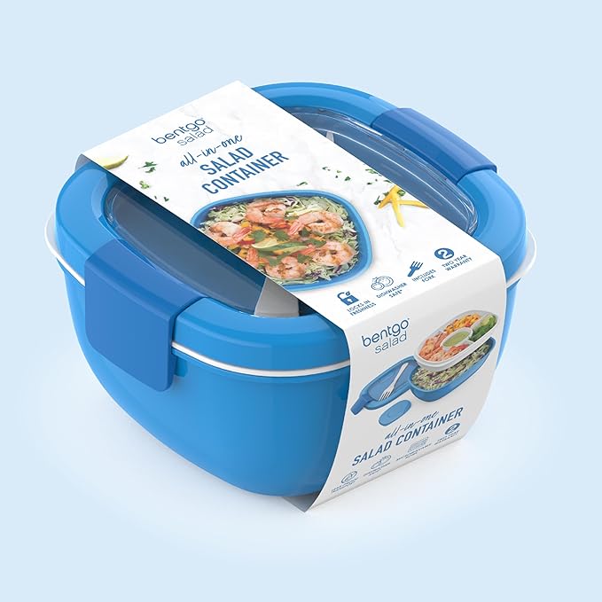 Bentgo Salad Container - 54 oz Bowl with 4-Compartment Toppings Tray, Leak-Proof Dressing Container, Reusable Fork, BPA-Free Lunch Box for Meal Prep & Food Storage; Removable Bento Tray (Blue)