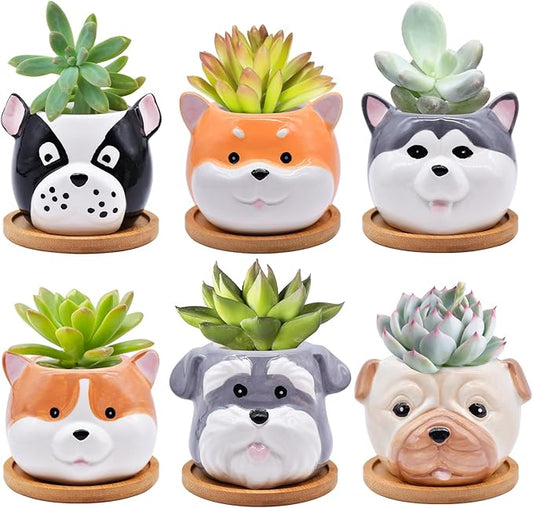 6 Pack Cute Dog Succulent Pots with Drainage – Ceramic Puppy Planters for Small Plants & Cactus, Animal Shaped Mini Flower Pots, Desk & Home Décor, Gift for Dog Lovers, Office, Balcony, Garden