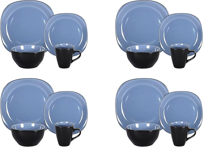 Stoneware Square 16pc Dinnerware Set, Inside Shiny Blue + Outside Matte Black