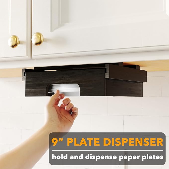 SpaceAid 9-inch Paper Plate Dispenser, Under Cabinet Bamboo Plates Holder, Kitchen Counter Vertical Dipensers Holders Countertop Caddy, Black