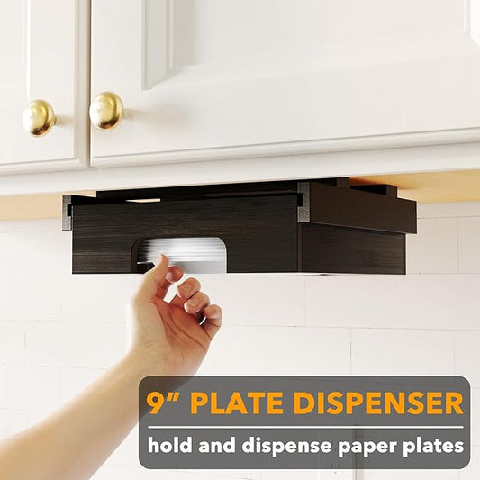 SpaceAid 9-inch Paper Plate Dispenser, Under Cabinet Bamboo Plates Holder, Kitchen Counter Vertical Dipensers Holders Countertop Caddy, Black