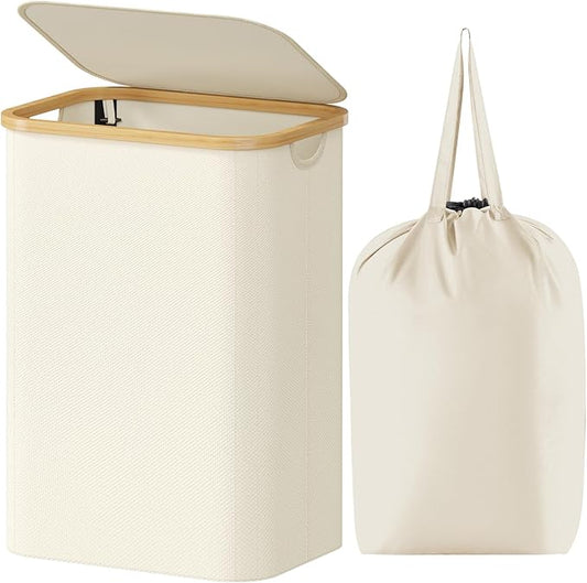 Lifewit 80L Laundry Basket with Lid, Clothes Hampers with Bamboo Handles and A Removable Laundry Bag, Large Foldable Hamper for Bedroom, Bathroom, Dorm, LaundryRoom, White