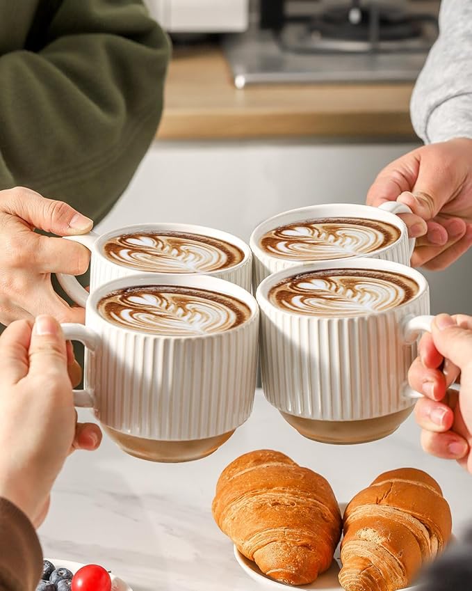 HASENSE 15oz Coffee Mug Set of 4 - Stackable Ceramic Mugs with Holder - White & Light Brown Coffe Cups Set for Cappuccino, Tea, Hot Cocoa, Drinks - Wedding & Housewarming Gifts, Everyday Use