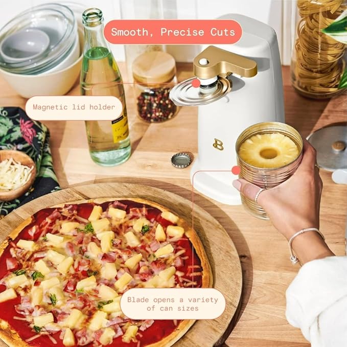 Beautiful Easy-Prep Electric Can Opener, Stainless Steel Blade, Built-in Knife Sharpener, Auto-Stop Safety, Cord Storage by Drew Barrymore (White)