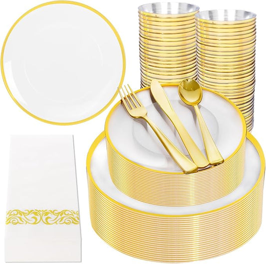 NOCCUR 350PCS Clear and Gold Plastic Plates - Gold Disposable Plastic Dinnerware Set for 50 Guests Include 100 Plastic Plates, 150 Gold Cutlery, 50 Cups&50 Napkins Idea for Party/Christmas