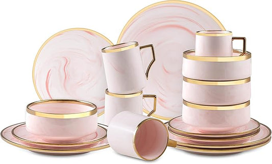 16 Piece Plates and Bowls Sets, Fine China Artisan Marbled Dinner Set for 4, Dishwasher Safe, Scratch Resistant, Pink with Gold Line