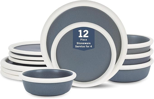 Stone Lain Capri 12-Piece Dinnerware Set Stoneware, Plates and Bowls Set, Microwave and Dishwasher Safe, Dish Set for 4, Grey