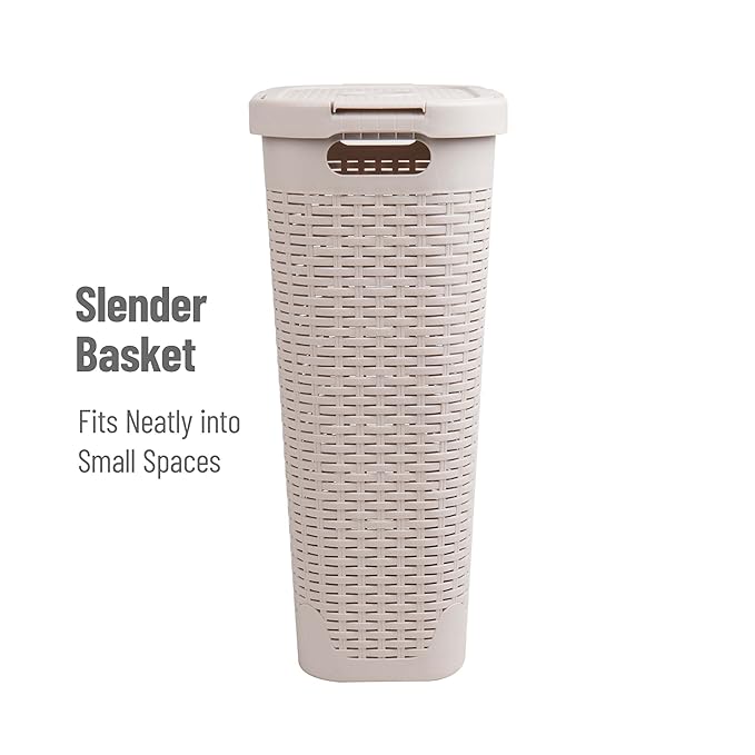 Mind Reader Slim Laundry Hamper with Lid, 40L Clothes Basket, Premium Wicker Design, Plastic, Set of 2, Ivory