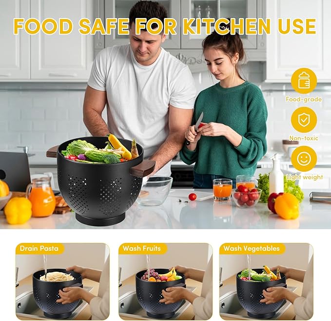 Metal Colander with Wood Handle & Self-Draining Base | 5.8QT Large Pasta Strainer for Kitchen | Scratch-Resistant Powder Coated Steel Basket for Vegetables, Fruit, Berries (Matte Black)
