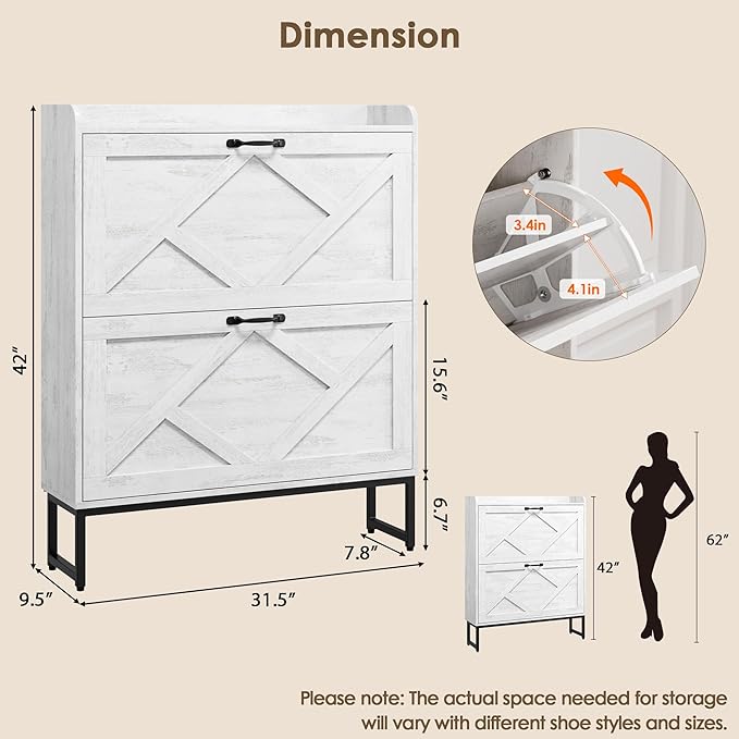Nicetree Shoe Storage Cabinet with 2 Flip Drawers, Freestanding Shoe Organizer, Shoe Cabinet with Metal Legs, Narrow Shoe Rack Cabinet, Farmhouse Slim Shoe Cabinet for Entryway, Foyer, Hallway, White