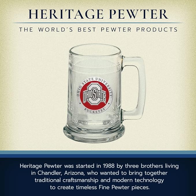 Heritage Pewter Ohio State Beer Stein Glass | 15 Ounce German-Style Beer Glass | Intricately Crafted Metal Pewter Alma Mater Inlay