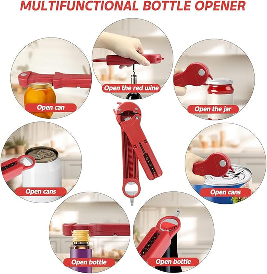 7 in 1 Jar Opener Bottle Opener and Wine Opener for Seniors with Arthritis, Weak Hands, Multi Retractable Magnetic Can Opener, Original Kitchen Lid Opener Tool (Red)