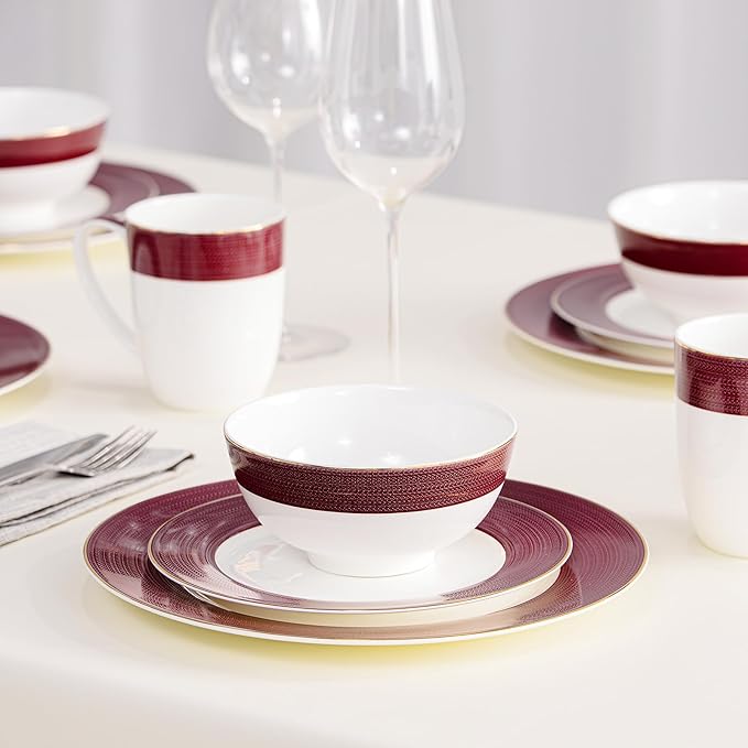 16-Piece Fine Bone China Dinnerware Set, Dinner Plates,Bowls and Mugs Set, Dishware Set for 4, With Selected Christmas Premium Red and Green pattern, White Embossed Spot Ornament and Gold Rim