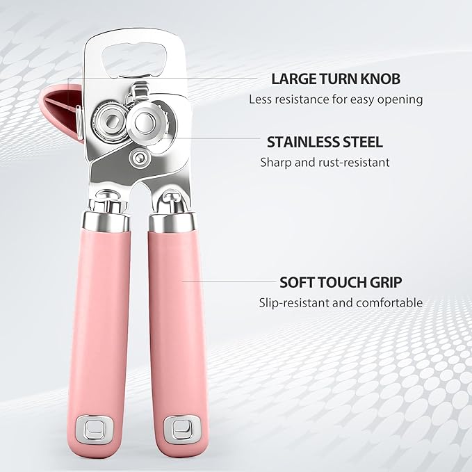 Can Opener Manual, Heavy Duty Stainless Steel Smooth Edge Can Opener With Soft Touch Handle, Oversized Handheld Easy Turn Knob, Multi-Function Bottle Opener, Pink