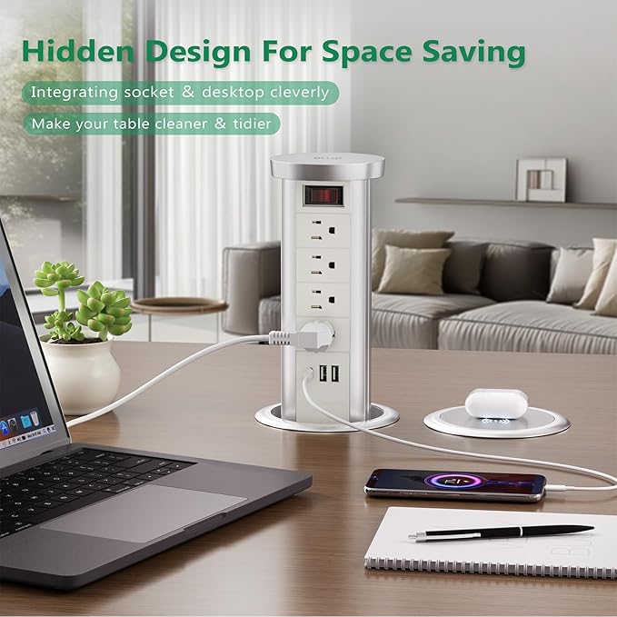 Pop Up Outlet Countertop with 10W Wireless Charger, 4 Outlets,3 USB Ports, Automatic Pop Up Outlet for Kitchen Counter Islan, Office Conference Table,Splash Resistant