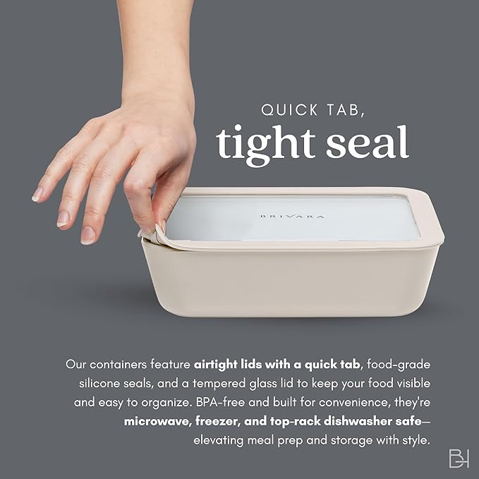 Ceramic Coated Glass Food Storage Container | No PTFE, PFOA, PFAS, and BPA | Reusable Non Toxic Meal Prep Container with Glass Lid | Easy To Store | 11 Cup Rectangle [Crema]