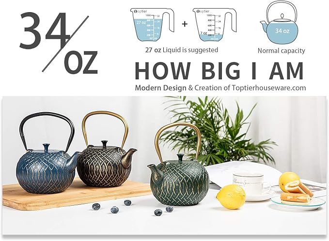 Tea Kettle, Toptier Japanese Cast Iron Tea Kettle for Stove Top, Stovetop Safe Teapot with Infusers for Loose Tea, 34 Ounce (1000 ml), Turquoise Melody