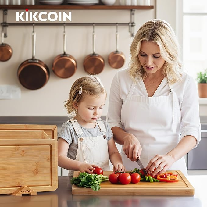 Kikcoin Bamboo Cutting Board for Kitchen, 3 Piece Wood Cutting Boards Set with Stand and Non-slip Feet, Knife Friendly Chopping-Board with Juice Grooves, Lightweight Serving Tray with Built-in Handles