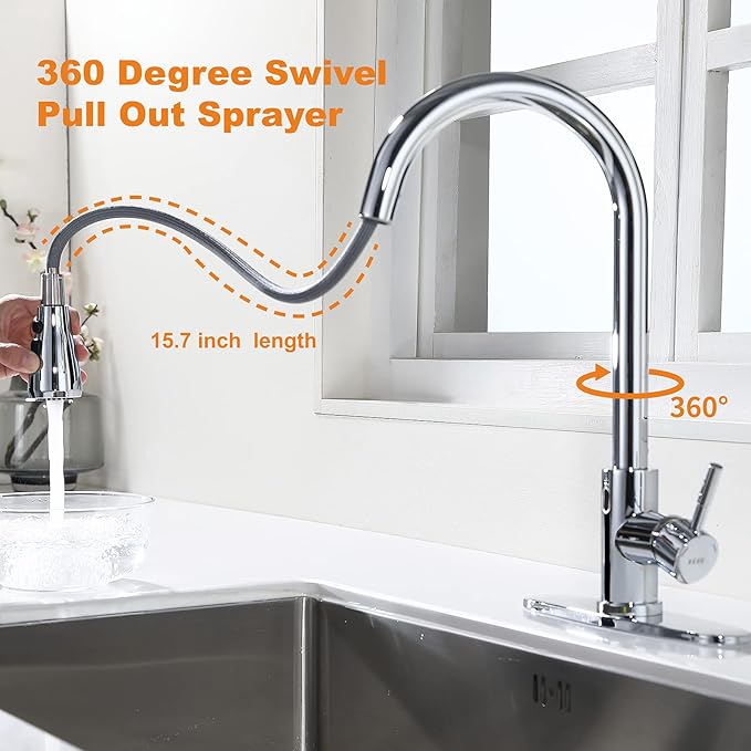 Keer Touchless Faucet with Pull-Down Sprayer, Polished Chrome, Hands-Free, 3 Modes, Single Handle, Easy Assembly
