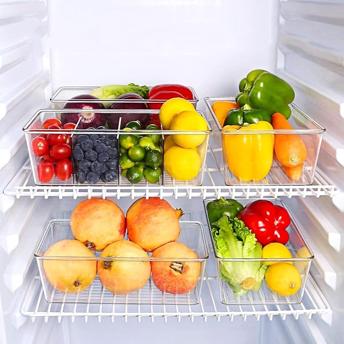 8 Pack Pantry Organizers and Storage,Snack Containers with 3 Dividers for Kitchen,Fridge,Refrigerator Organization and Storage,Clear Plastic Organizer Bins for Spice,Tea bag,Seasoning