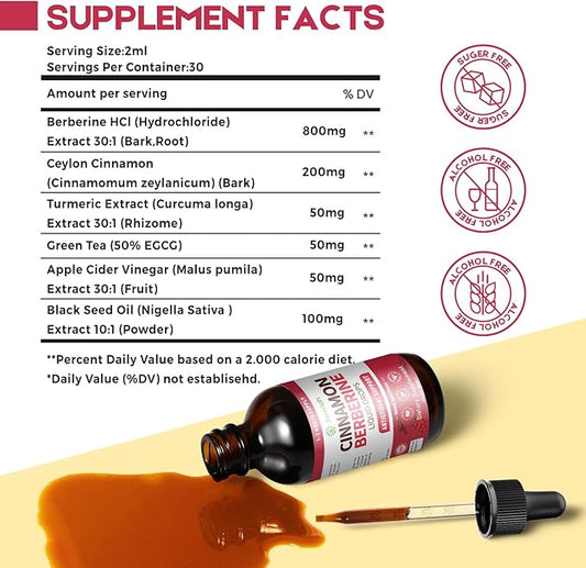 Berberine Drops with Ceylon Cinnamon Bitter Supplement,Berberine HCL Liquid Drops with Turmeric,Green Tea,Apple Cider Vinegar,Black Seed Oil for Overall Support & Digestive System 4 FL OZ 2 Pack