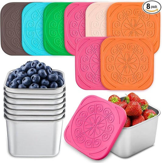 8 Pack Stainless Steel Small Storage Containers with Silicone Lids, 6oz Reusable Mini Portion Cups, Leak-Resistant Metal Containers for Snacks, Sauce, Meal Prep & On-the-Go