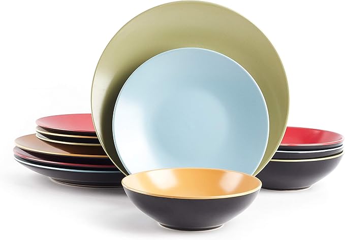 Stoneware Two-Tone Colors Life 12pc Dinnerware Set，Outside Shinny Black + Inside Matte Finished Very Funny - 4 Assorted Colors Turquoise, Olive, Curry, Red