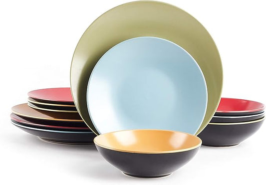 Stoneware Two-Tone Colors Life 12pc Dinnerware Set，Outside Shinny Black + Inside Matte Finished Very Funny - 4 Assorted Colors Turquoise, Olive, Curry, Red