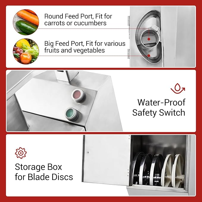Commercial Food Processor 550W with 2 Feeding Holes, Stainless Steel Electric Vegetable Processor Detachable 5 Blades 3mm/4mm/7mm Shred and 2mm/4mm Slice