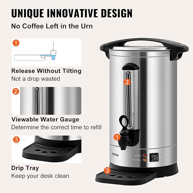 VEVOR Commercial Coffee Urn, 65Cups/9.75L Stainless Steel Large Coffee Dispenser, 1500W 110V Electric Coffee Maker Urn For Quick Brewing, Hot Water Urn with Water Gauge for Easy Viewing